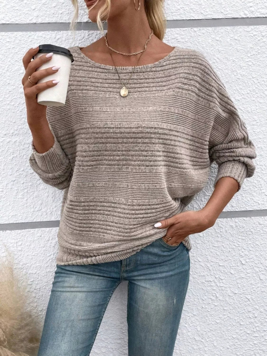 Mocha relaxed fit ribbed knit t-shirt, front view