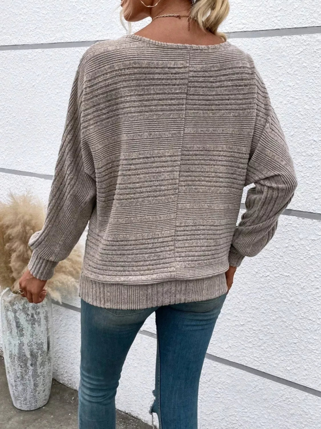 Back view of mocha relaxed fit ribbed knit t-shirt