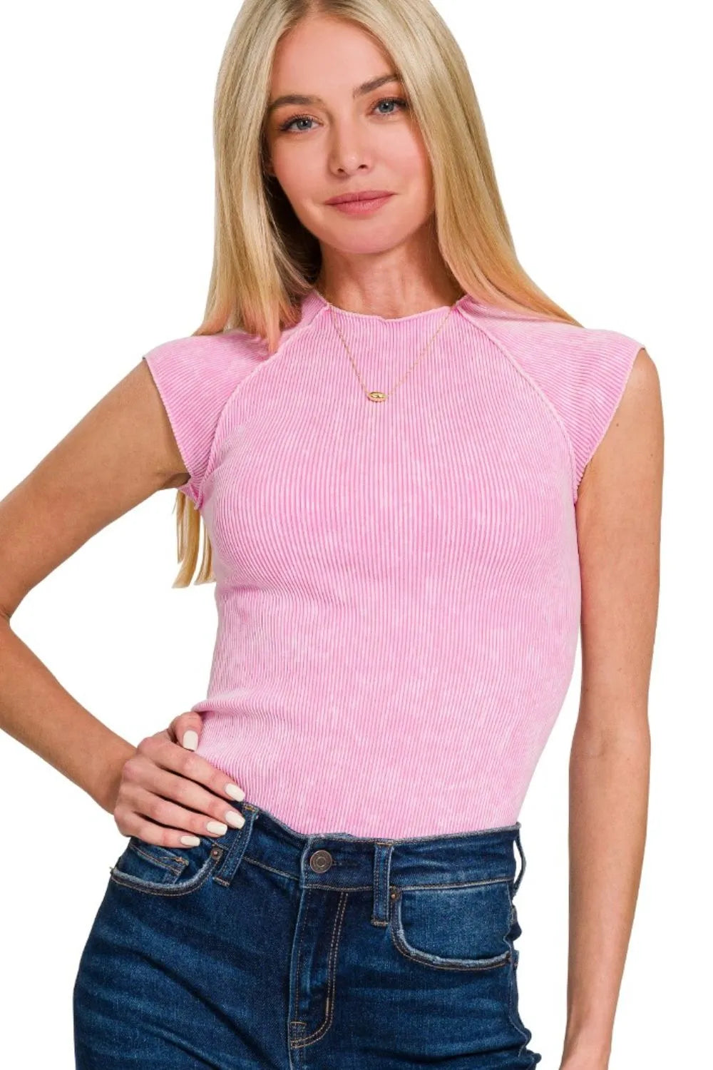 Candy pink stone washed ribbed seamless top, front view
