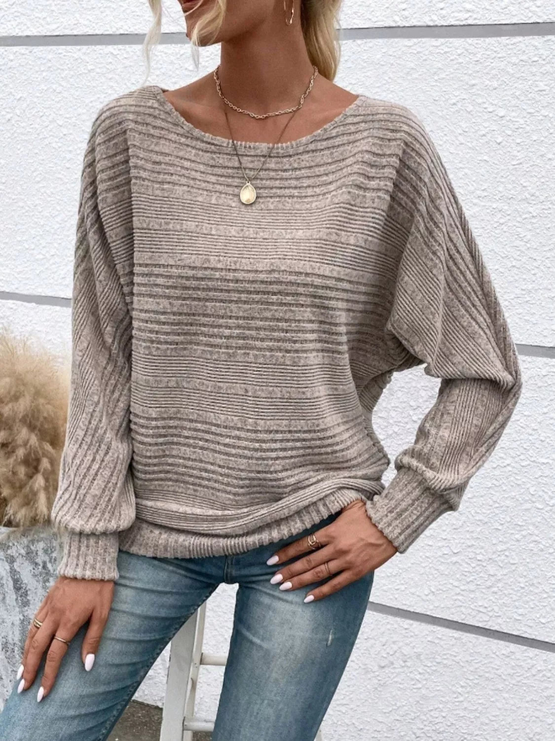 Model wearing mocha relaxed fit ribbed knit t-shirt