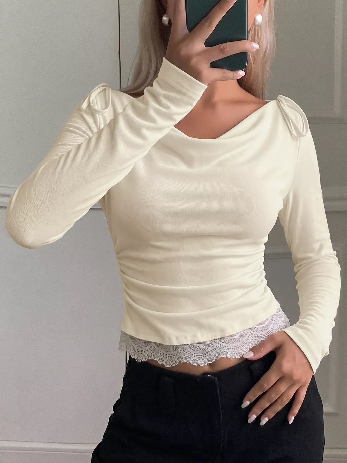 Apricot lace trim long sleeve t-shirt, front view