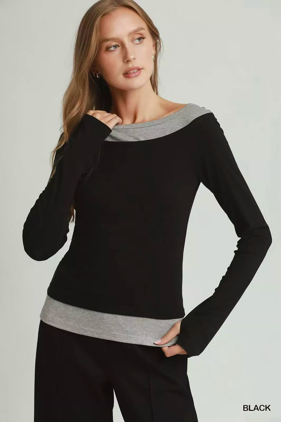 Black Umgee layered twofer long sleeve top, front view
